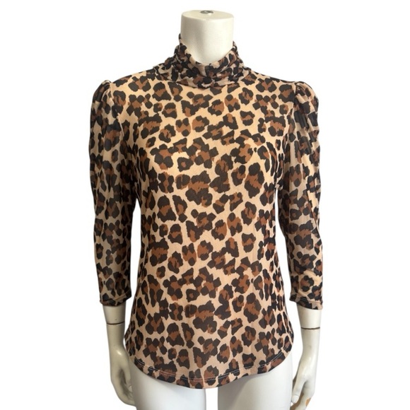 Tahari mesh turtleneck leopard print top 3/4 sleeves women's size small - Picture 1 of 11